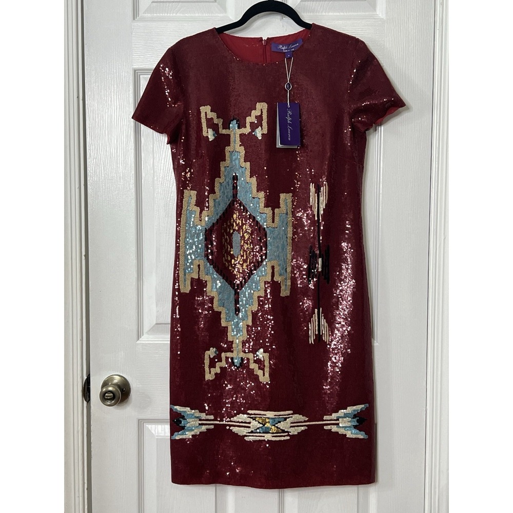 Ralph Lauren Purple Label Red Sequin Southwestern Sheath Dress 8 NWT $6700 RARE - Picture 3 of 15